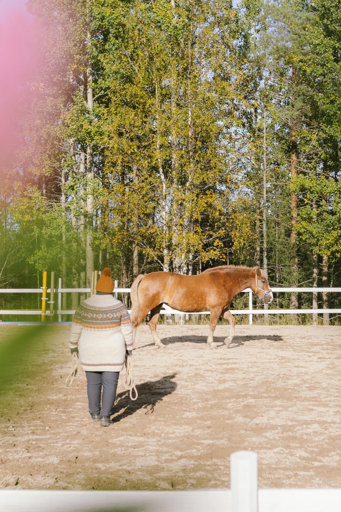 Ulkokentällä nainen ohjaa luonnollista vuorovaikutusta käyttäen hevosta, joka kulkee kentällä vapaana.